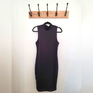 Sleeveless Mock Neck Black Ribbed Dress, Large